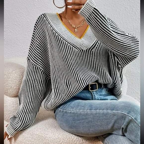 Plus size striped V neck  sweater top - Picture 2 of 12